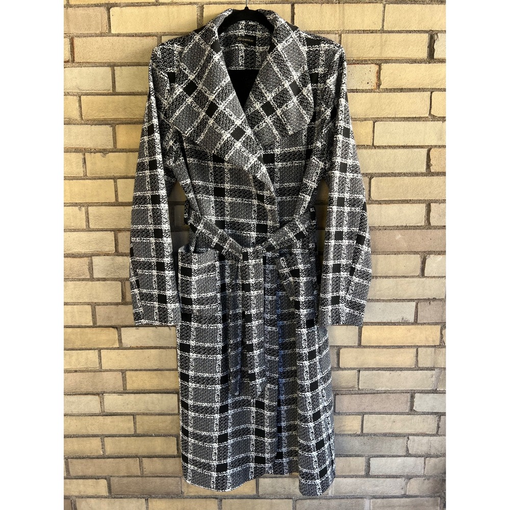 Shinestar Black White Plaid Belted Long Knit Trench Coat Jacket Size Large